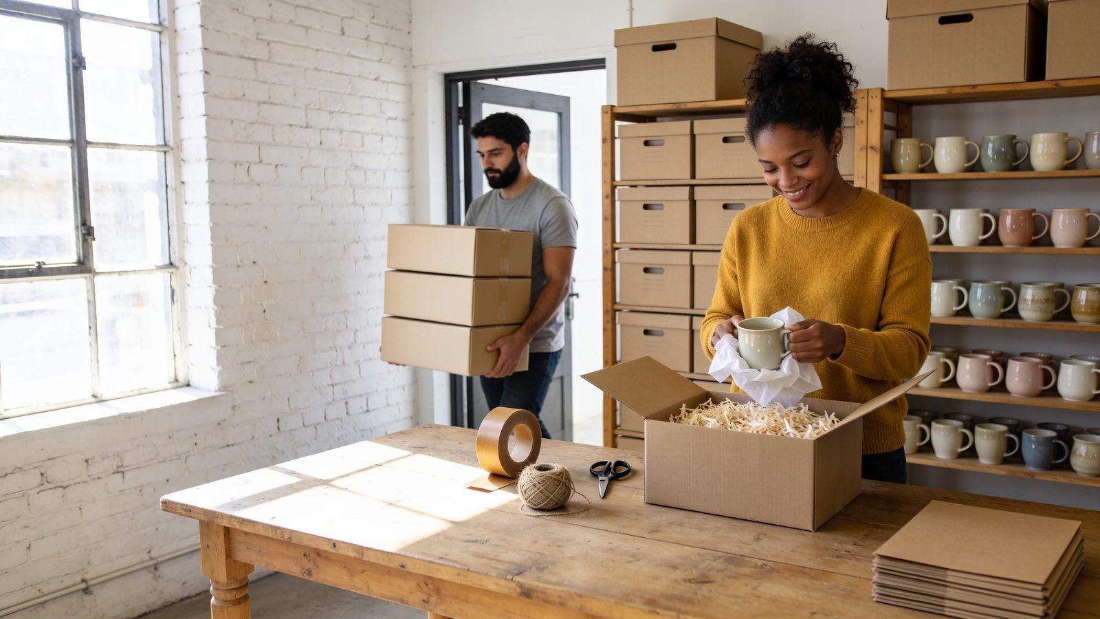 Illustrative image — a small online shop owner wrapping a ceramic mug at a packing table while a colleague carries boxes out to ship