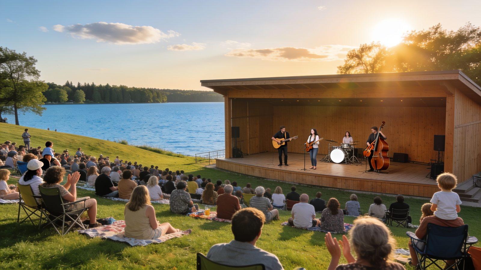 Illustrative image — a crowd on blankets and lawn chairs watching a band play a lakeside bandshell on a summer evening