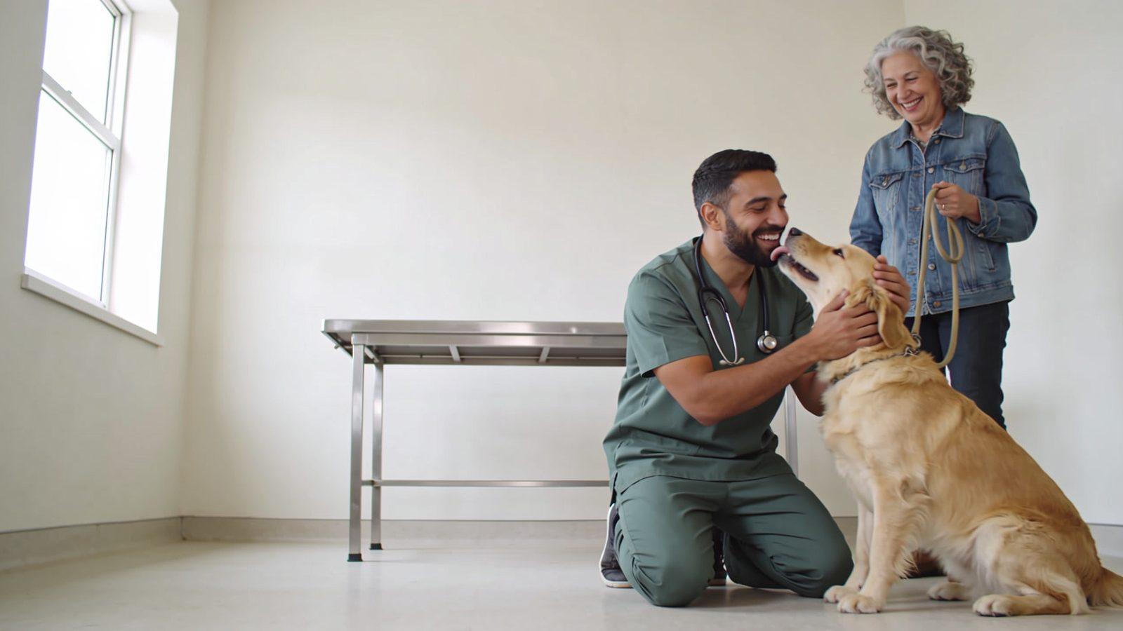 Illustrative image — a veterinarian kneeling to greet a golden retriever while its owner holds the leash