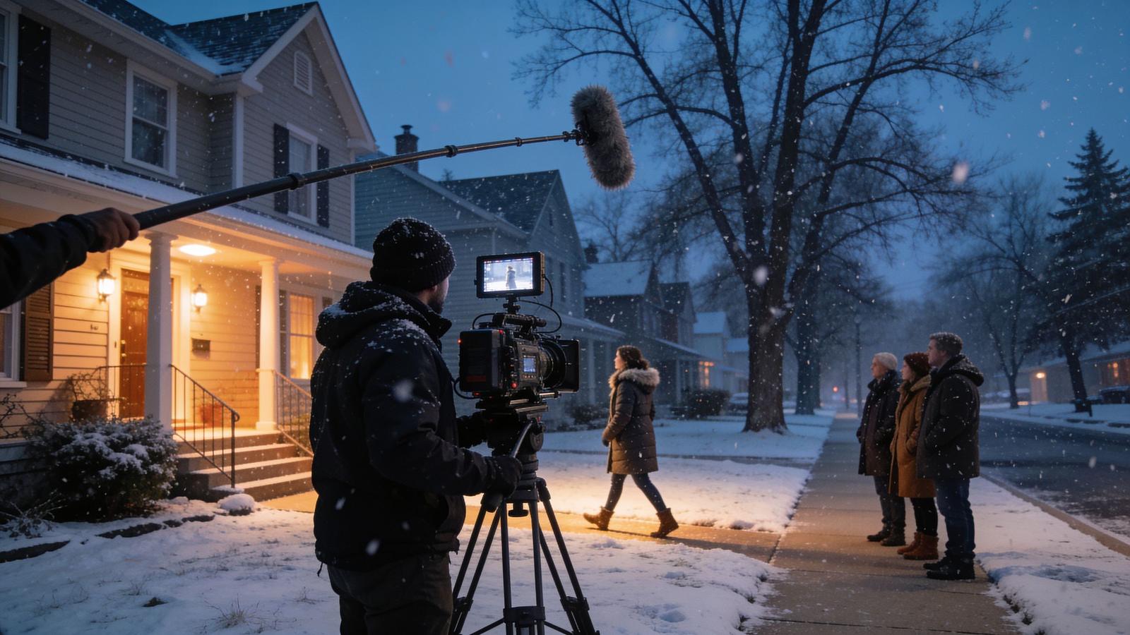 Illustrative image — a film crew shooting a commercial on a snowy Minnesota street at blue hour, a boom mic over the camera