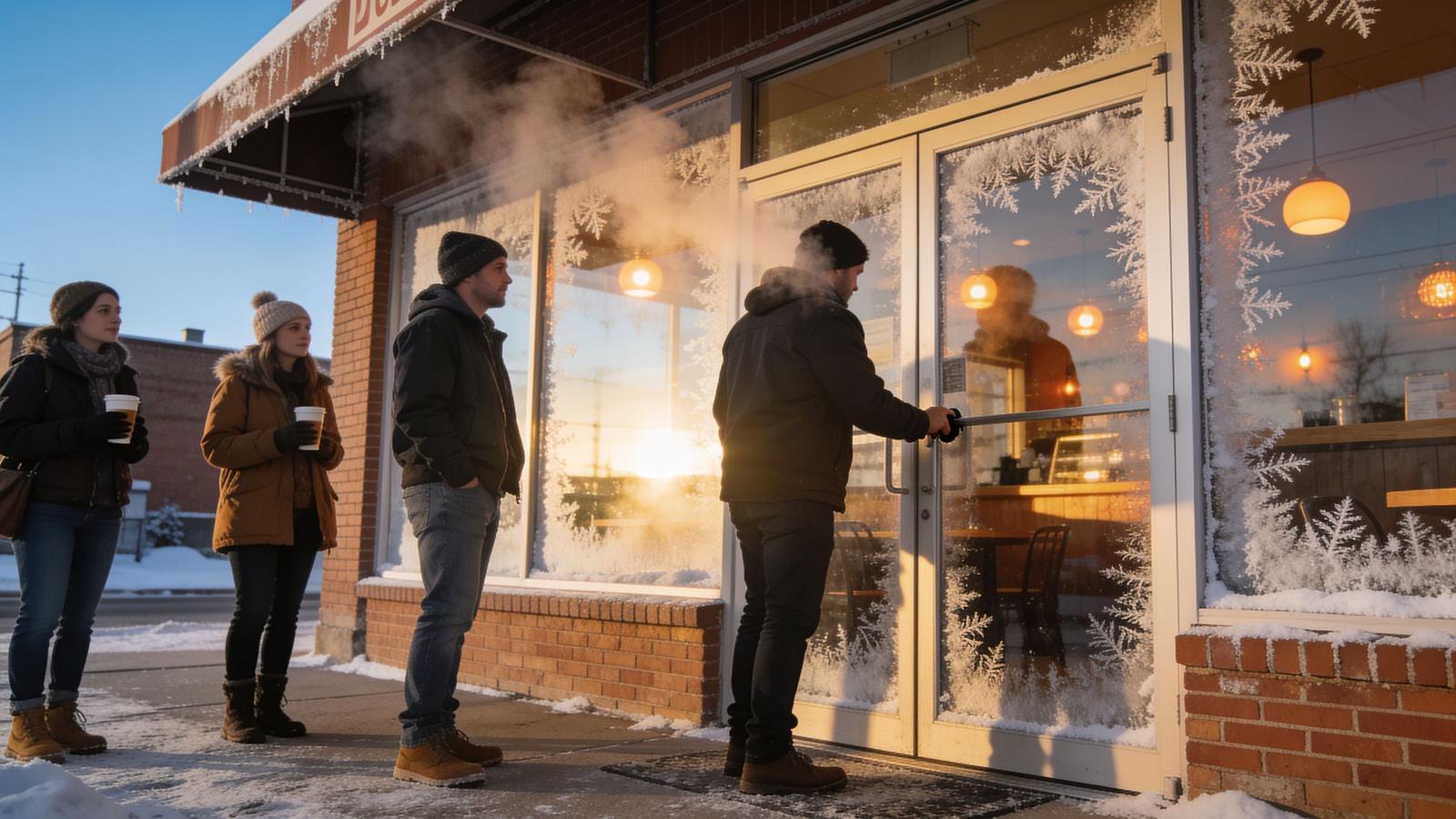 Illustrative image — a business owner unlocking the shop on a frozen morning as the first customers wait outside with coffee