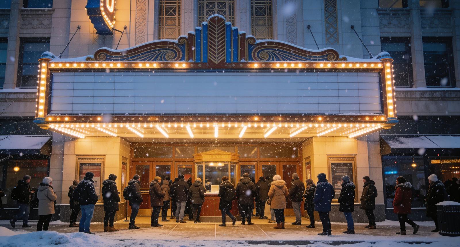 Illustrative image — a crowd waiting outside a classic theater on a snowy night, the marquee lit and still blank