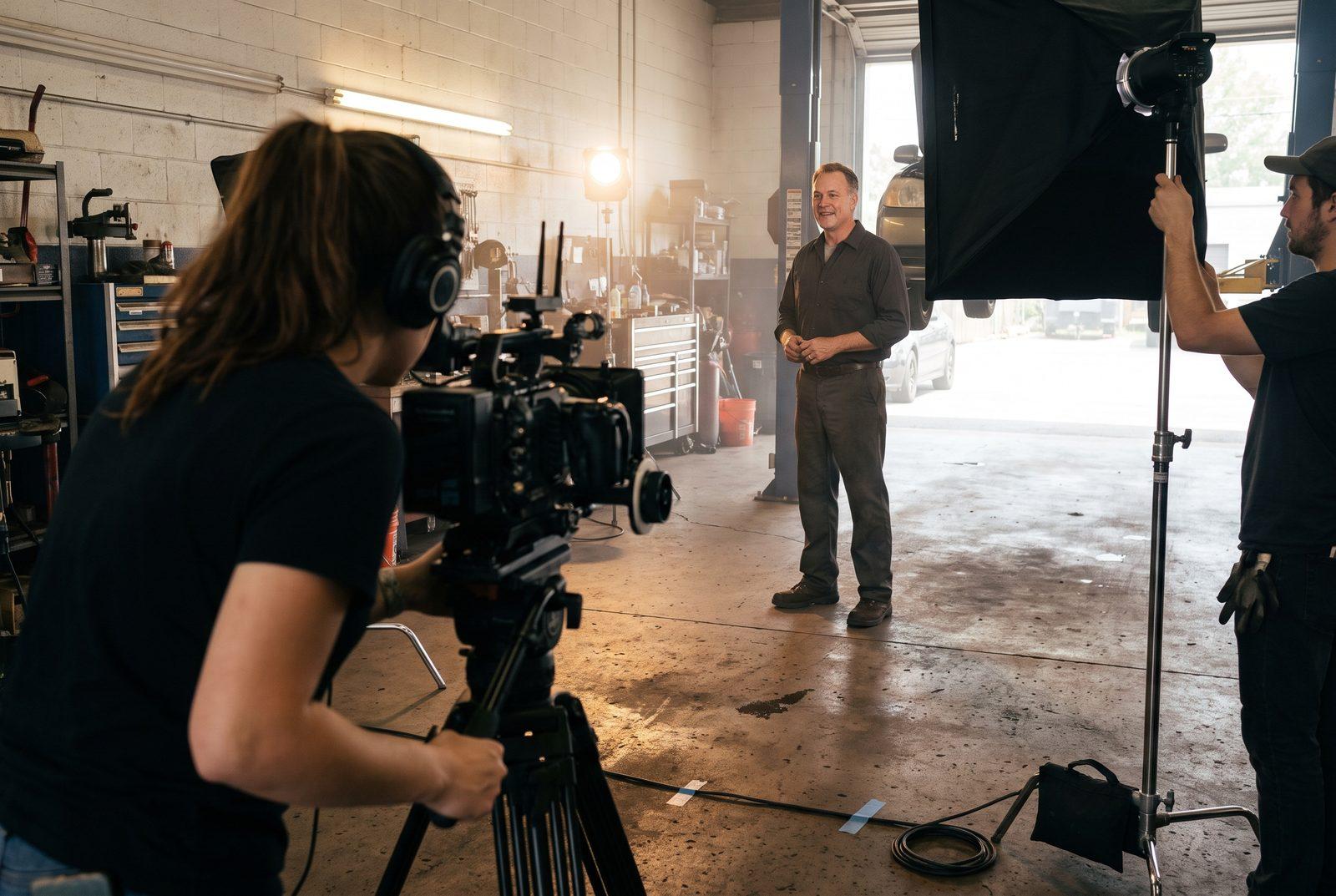 Illustrative image — a camera crew filming the owner of an auto repair shop for a television commercial