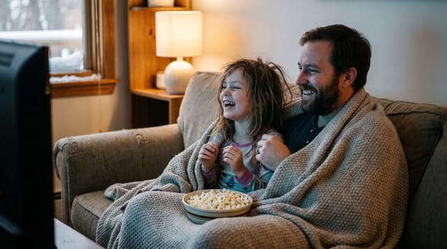 Illustrative image — a father and daughter laughing on the sofa in the light of the television