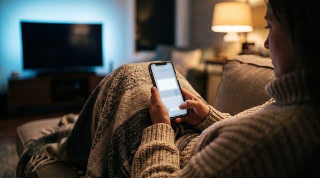 Illustrative image — a woman on the sofa looking something up on her phone with the television on behind her