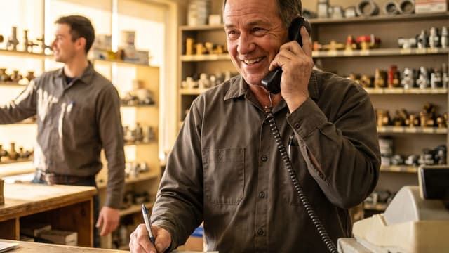 Illustrative image — the owner of a plumbing shop taking a call at the counter on a busy morning