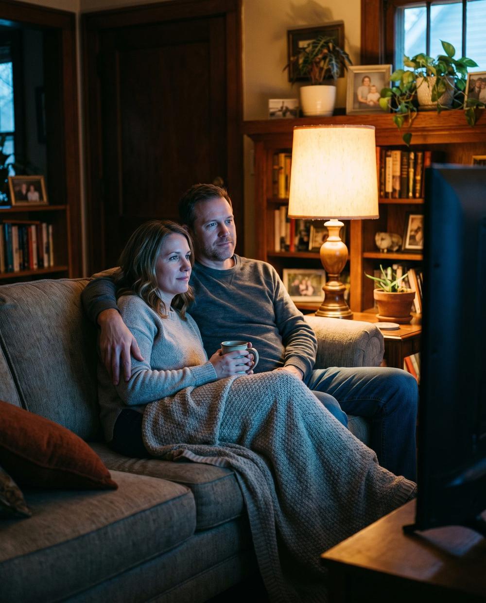 Illustrative image — a couple on their sofa in the evening, lit by the television