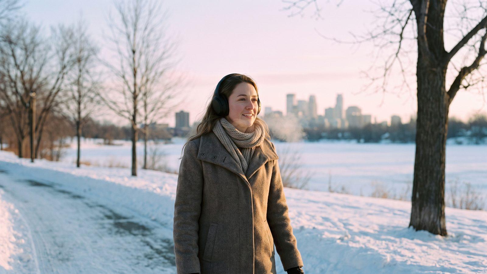 Illustrative image — a woman in headphones walking beside a frozen city lake at dawn