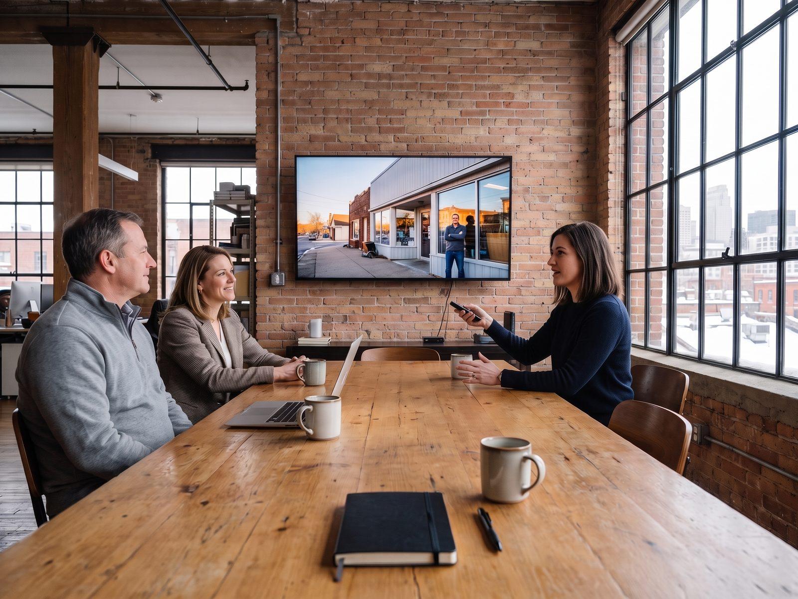 Illustrative image — an agency account director walking two clients through their TV commercial at a meeting table in a brick loft office, a winter skyline through the windows