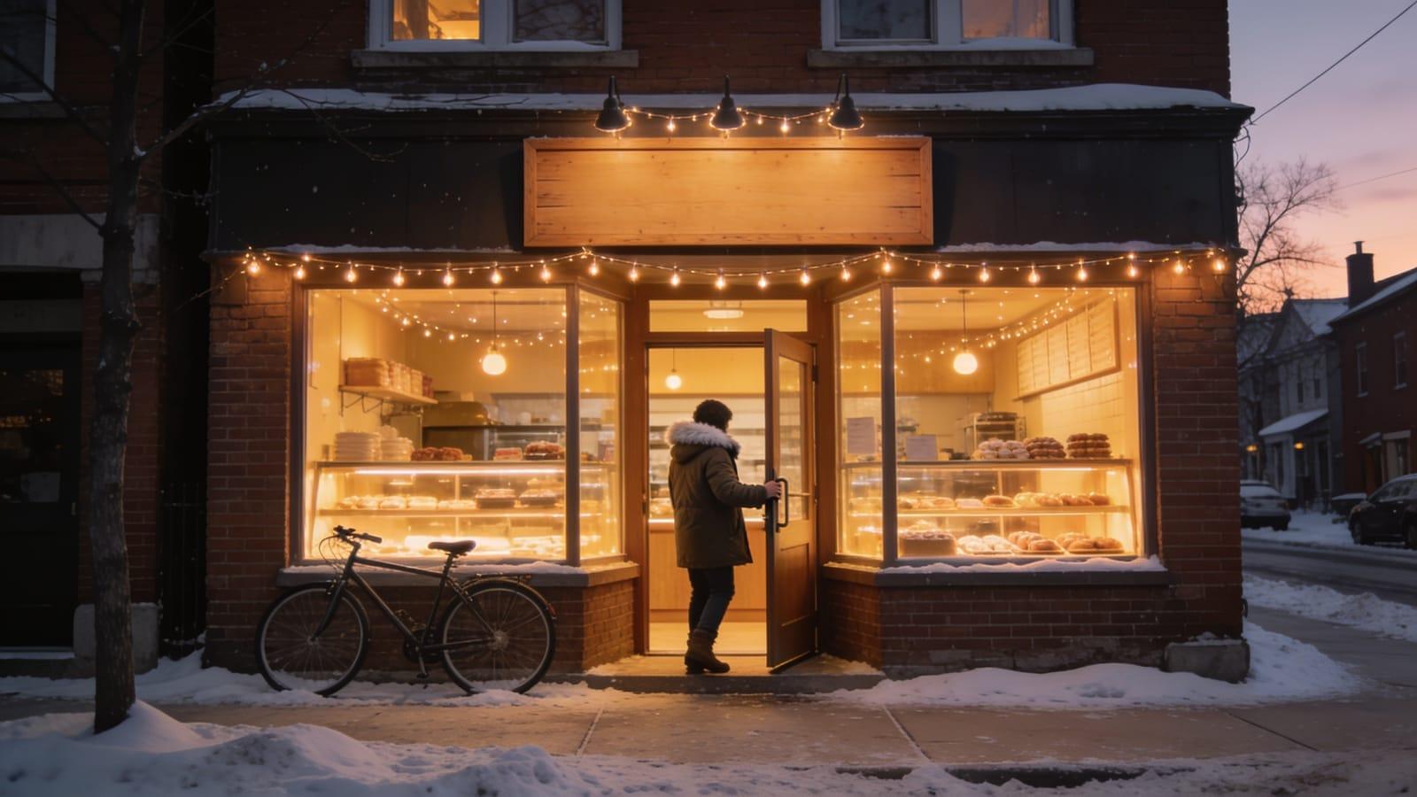 Illustrative image — a warm bakery storefront on a snowy street at dusk
