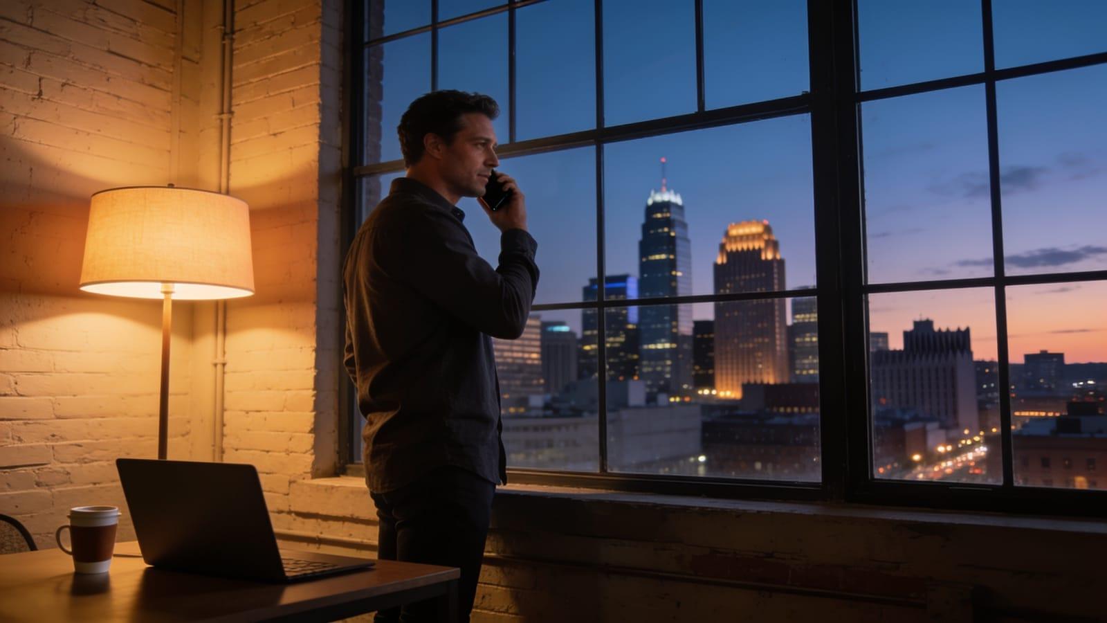 Illustrative image — an agency owner on a call at a loft window with the Minneapolis skyline at dusk