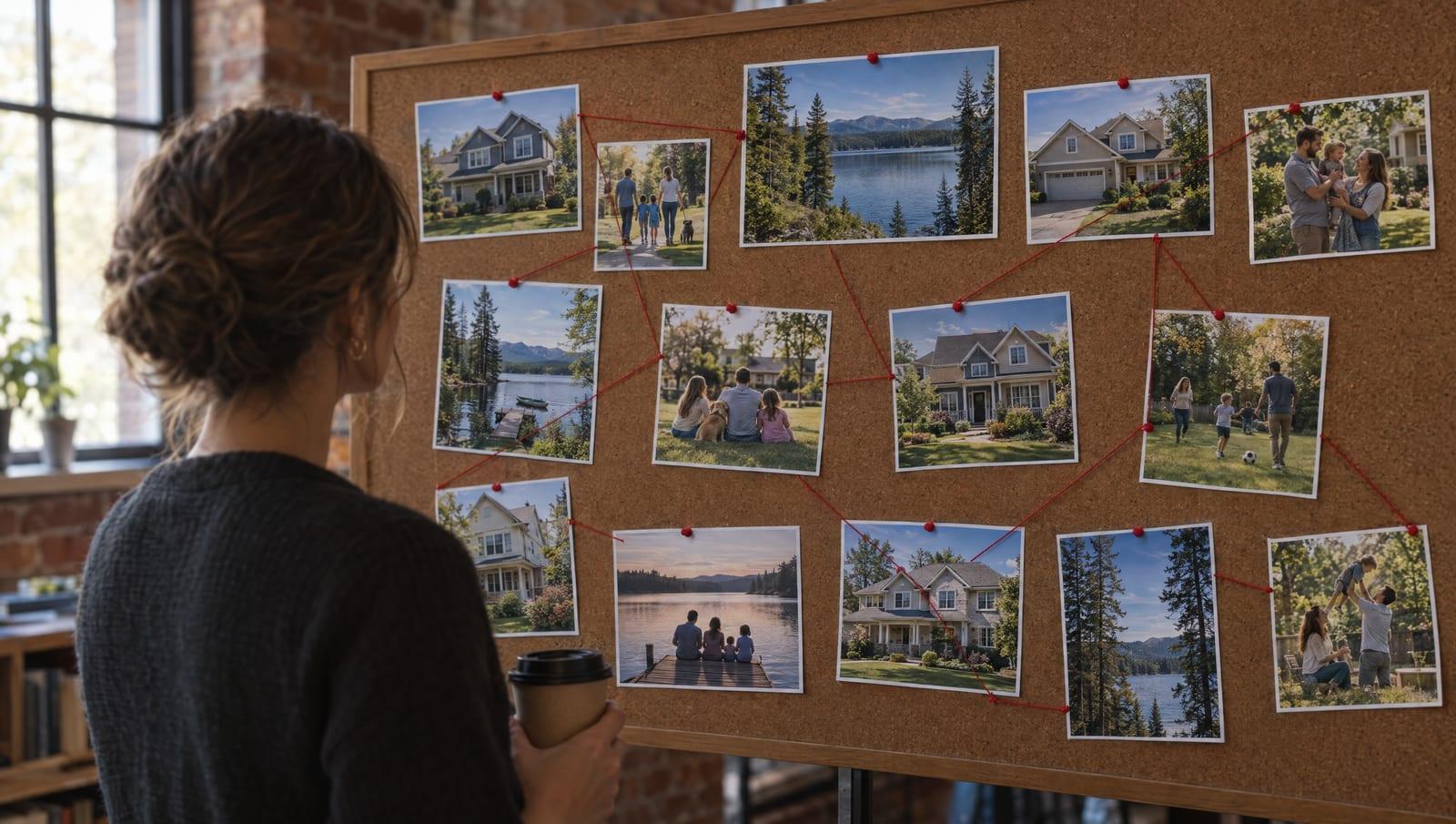 Illustrative image — a media planner at a wall of pinned photographs connected by red string