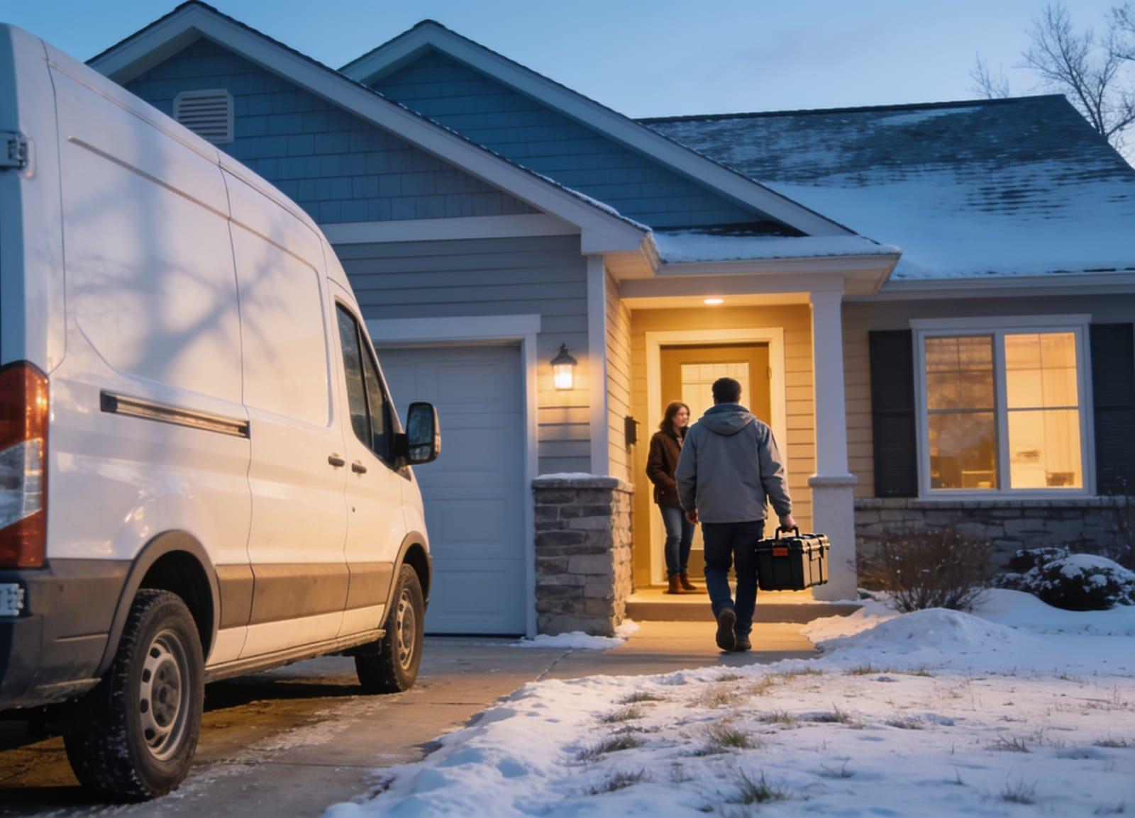 Illustrative image — a technician arriving at a suburban home in winter