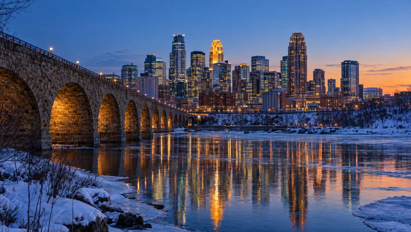Illustrative image — the Stone Arch Bridge and downtown Minneapolis at winter dusk