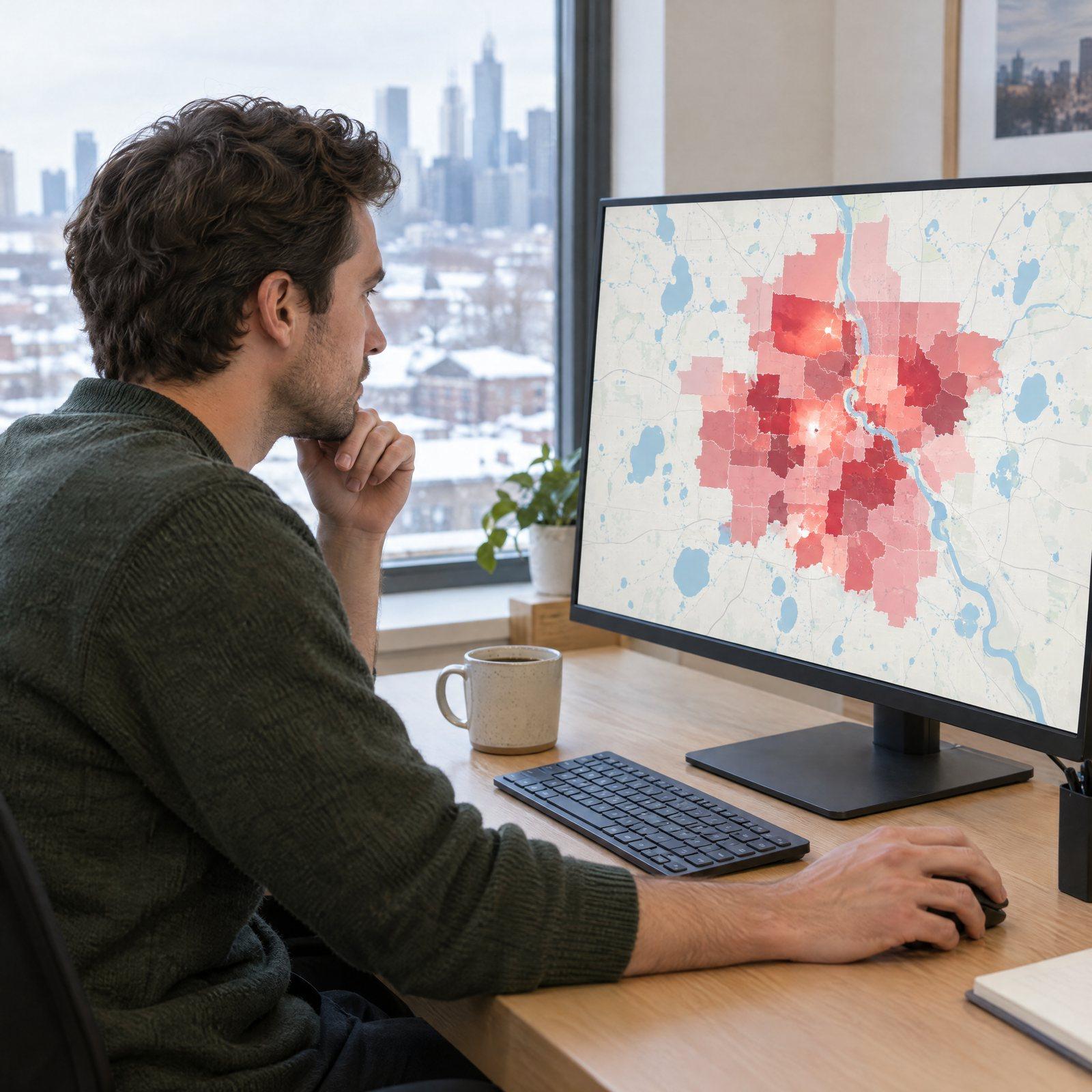 Illustrative image — a media planner studying a household heat map of a metro area, snow on the rooftops outside