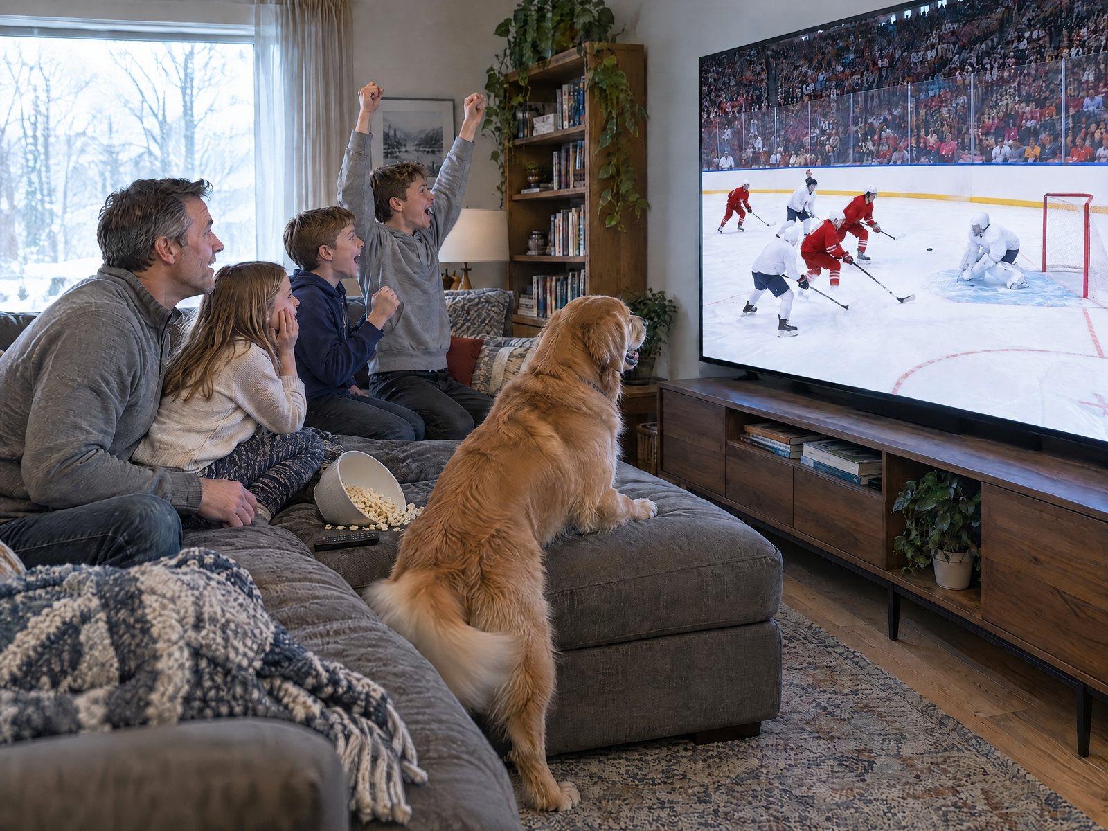 Illustrative image — a dad, his daughter, his two sons and their golden retriever cheering at a professional hockey game on the living-room TV on a snowy afternoon