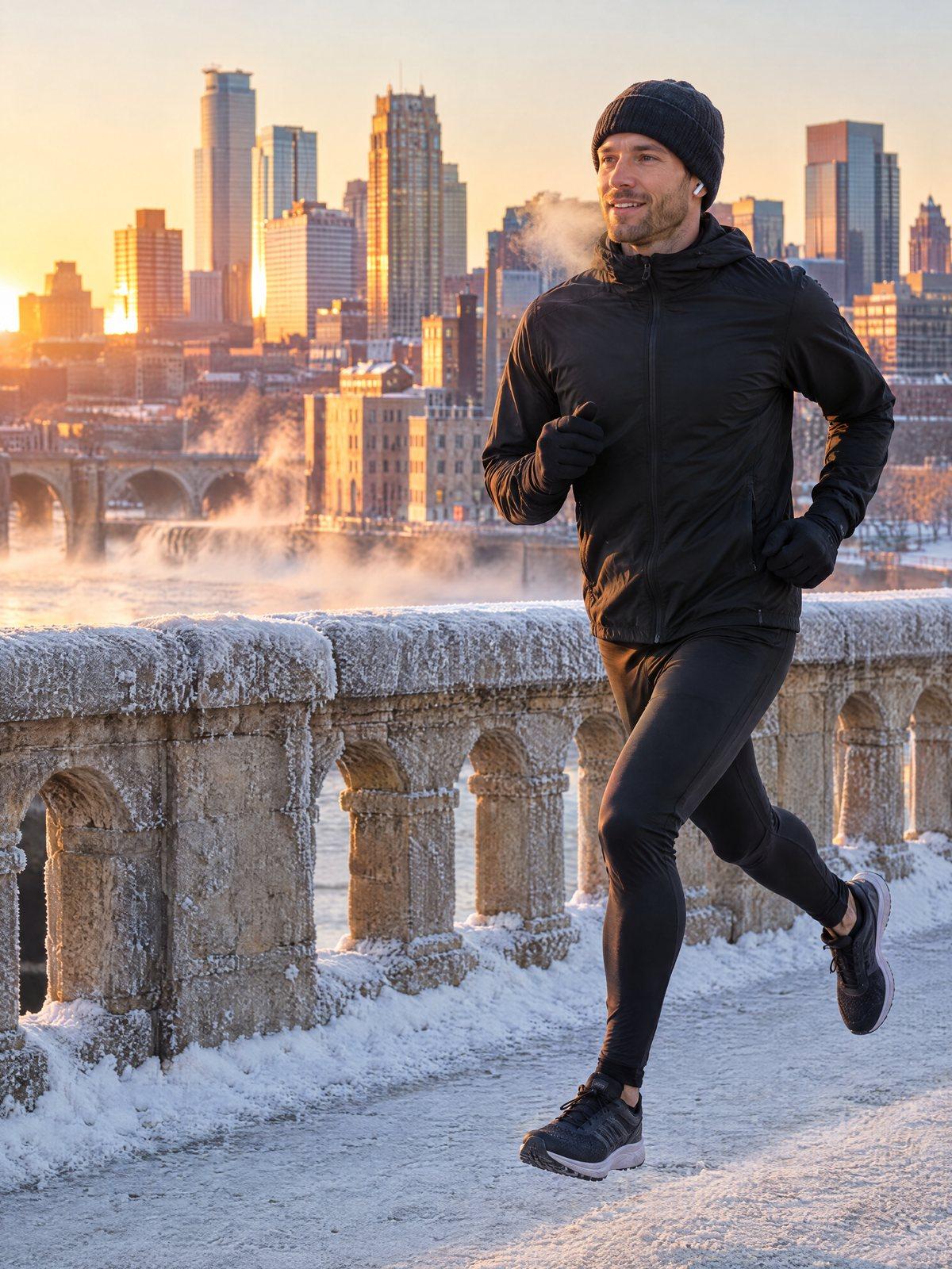 Illustrative image — a runner with earbuds in, crossing the Stone Arch Bridge at a frosty sunrise with the Minneapolis skyline behind him