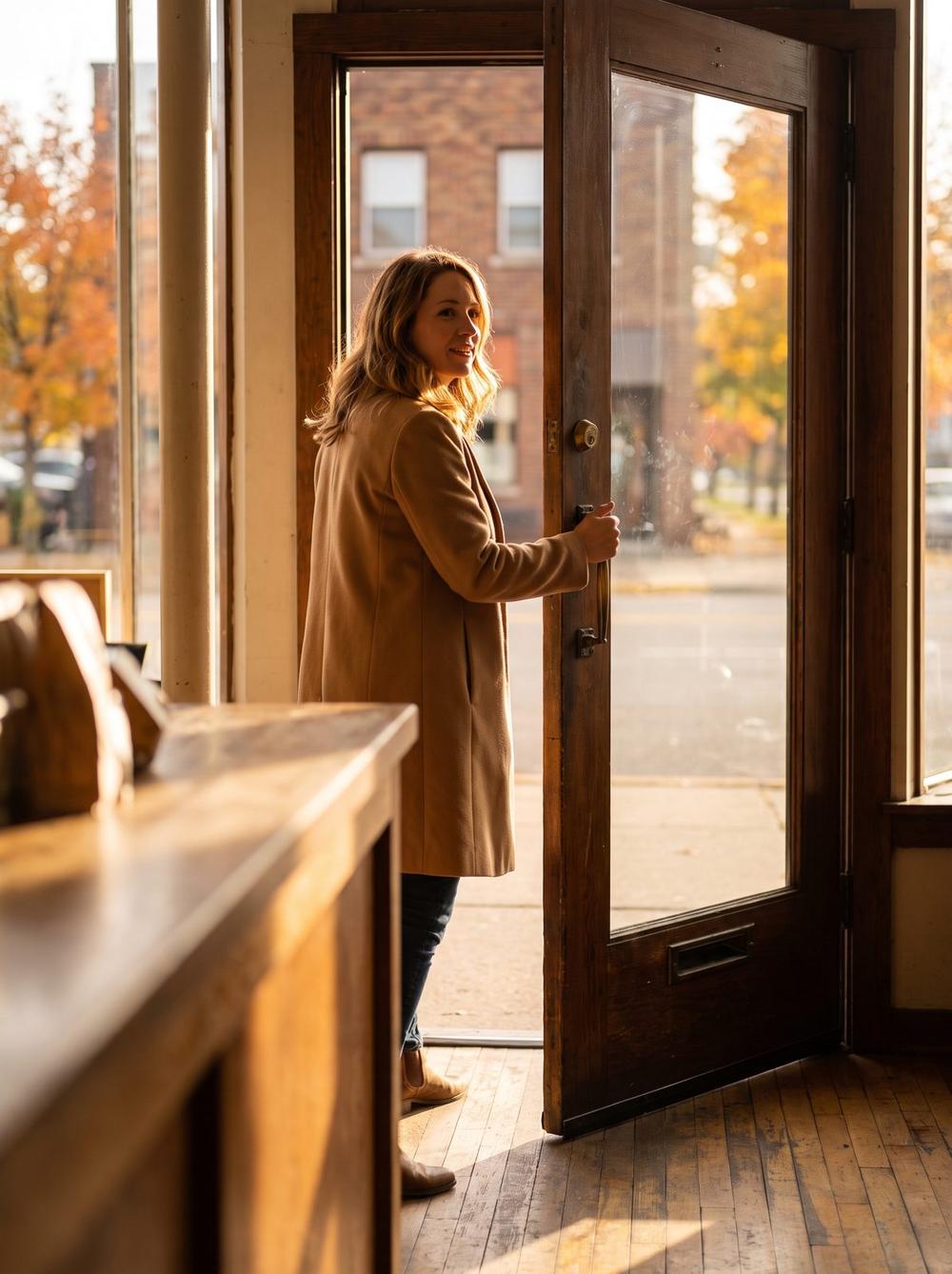 Illustrative image — a shop owner opening her front door to the street on a bright autumn morning