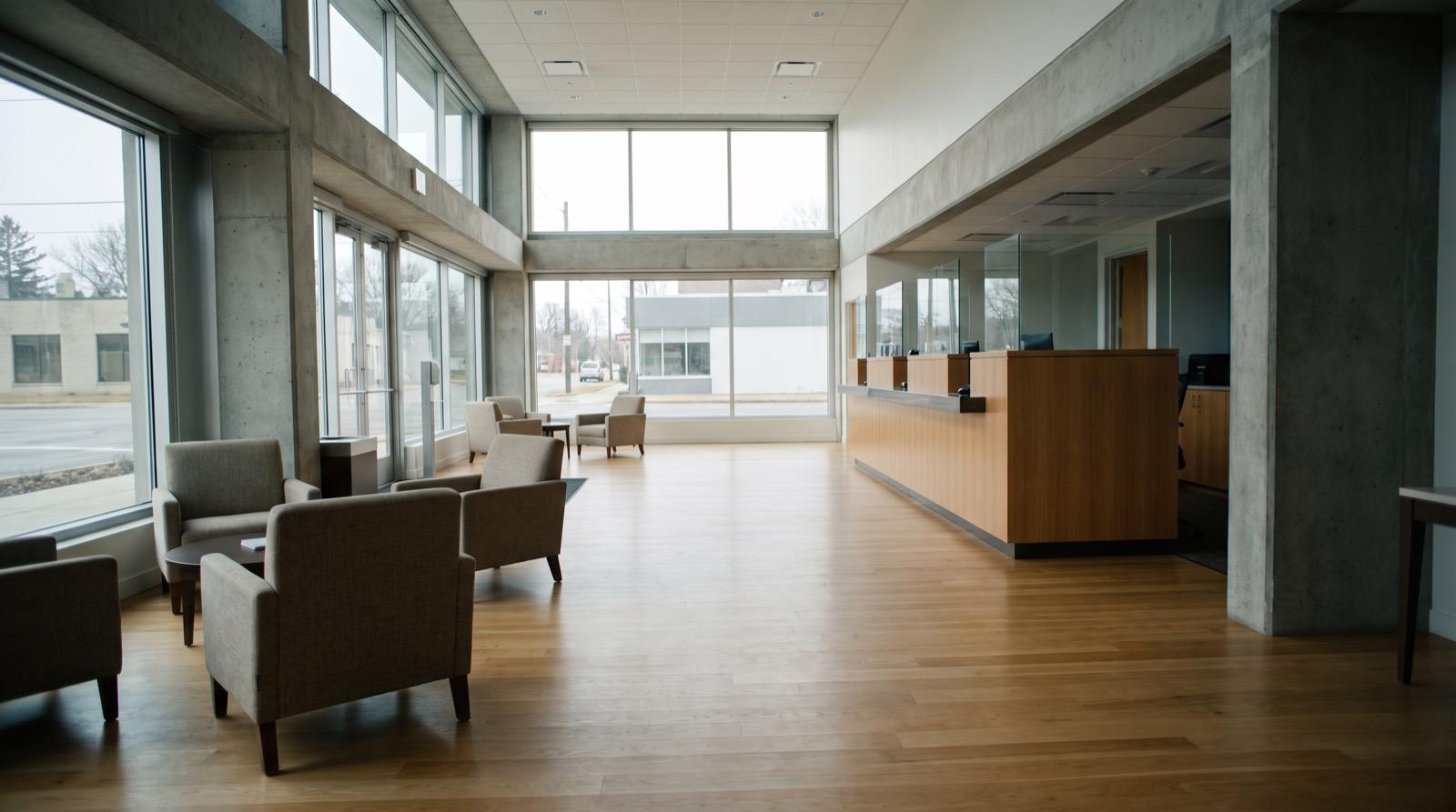 Illustrative: the interior of a modern community bank branch