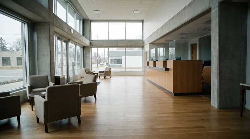 Illustrative: the interior of a modern community bank branch