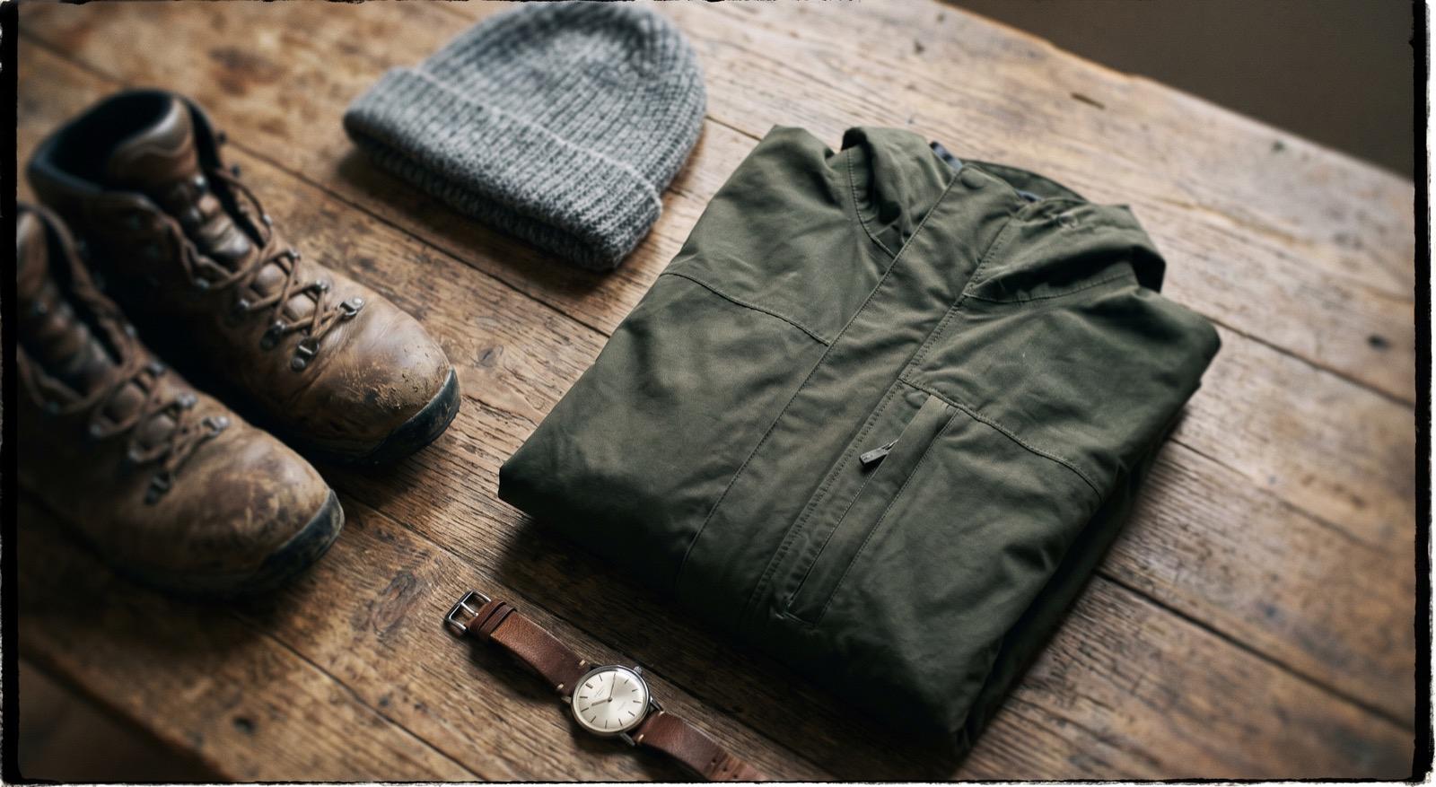 Illustrative: outdoor apparel and boots laid out on a wooden table