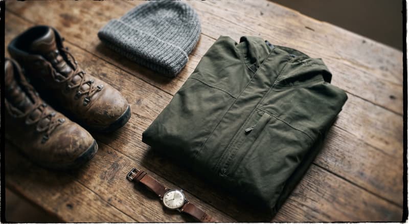 Illustrative: outdoor apparel and boots laid out on a wooden table