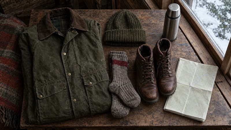 Illustrative image — outdoor apparel and boots laid out by a cabin window