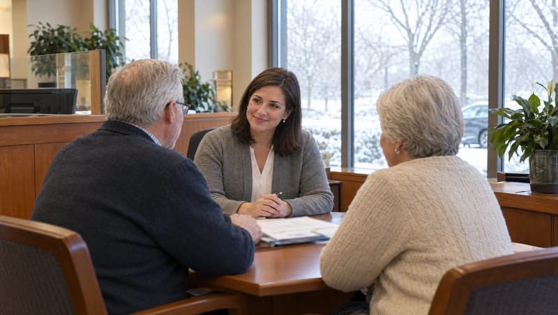 Illustrative image — a banker with a couple at a desk in a small community branch