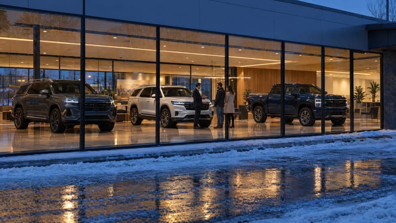 Illustrative image — a dealership showroom at blue hour, seen through the glass