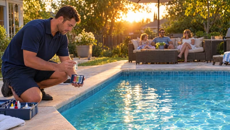 Illustrative image — a pool technician at work at golden hour, the family on the patio behind