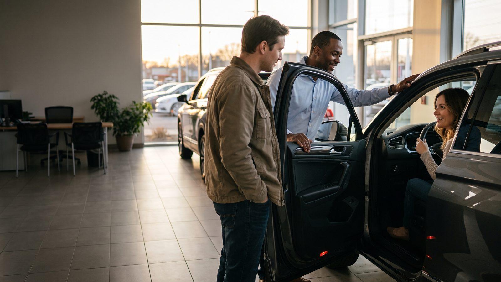 Illustrative image — a woman trying the driver's seat of an SUV in a dealership showroom while a salesman leans on the open door and her husband looks on