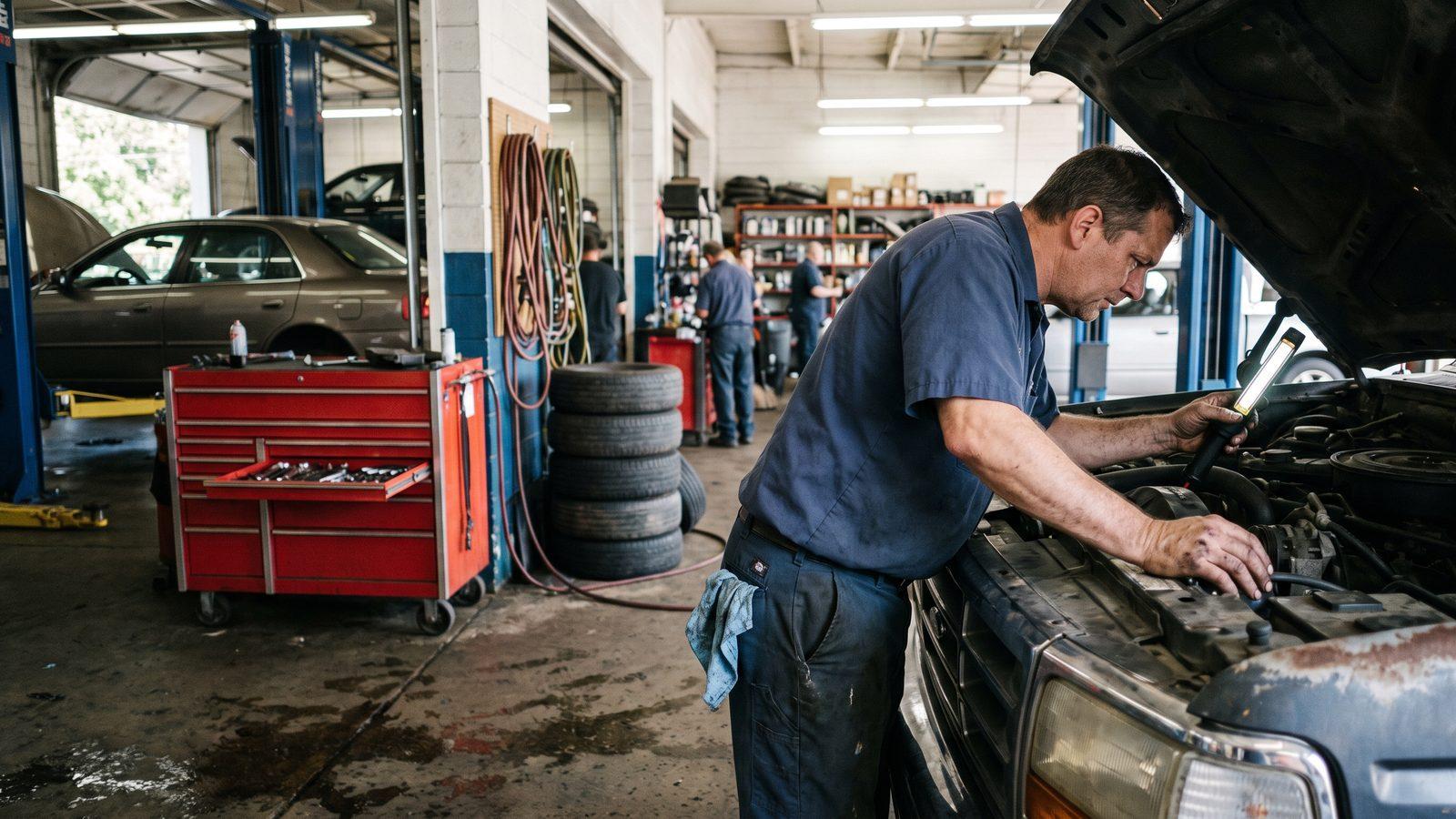 Illustrative image — a mechanic leaning under the hood of a pickup with an inspection light in a busy repair shop