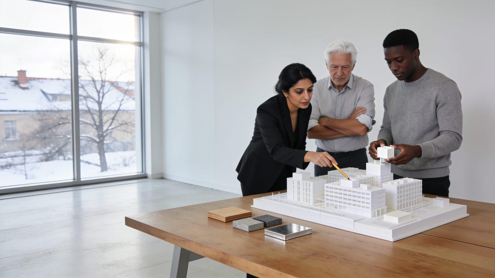 Illustrative image — three colleagues studying an architectural model on a work table in a bright studio, snow on the rooftops outside