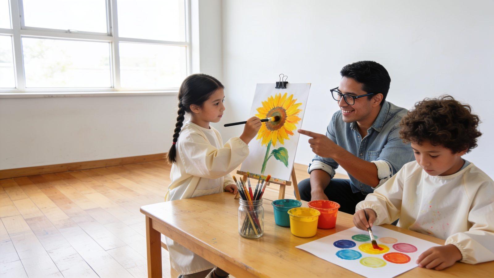 Illustrative image — an art teacher helping two children paint at a table in a sunny classroom