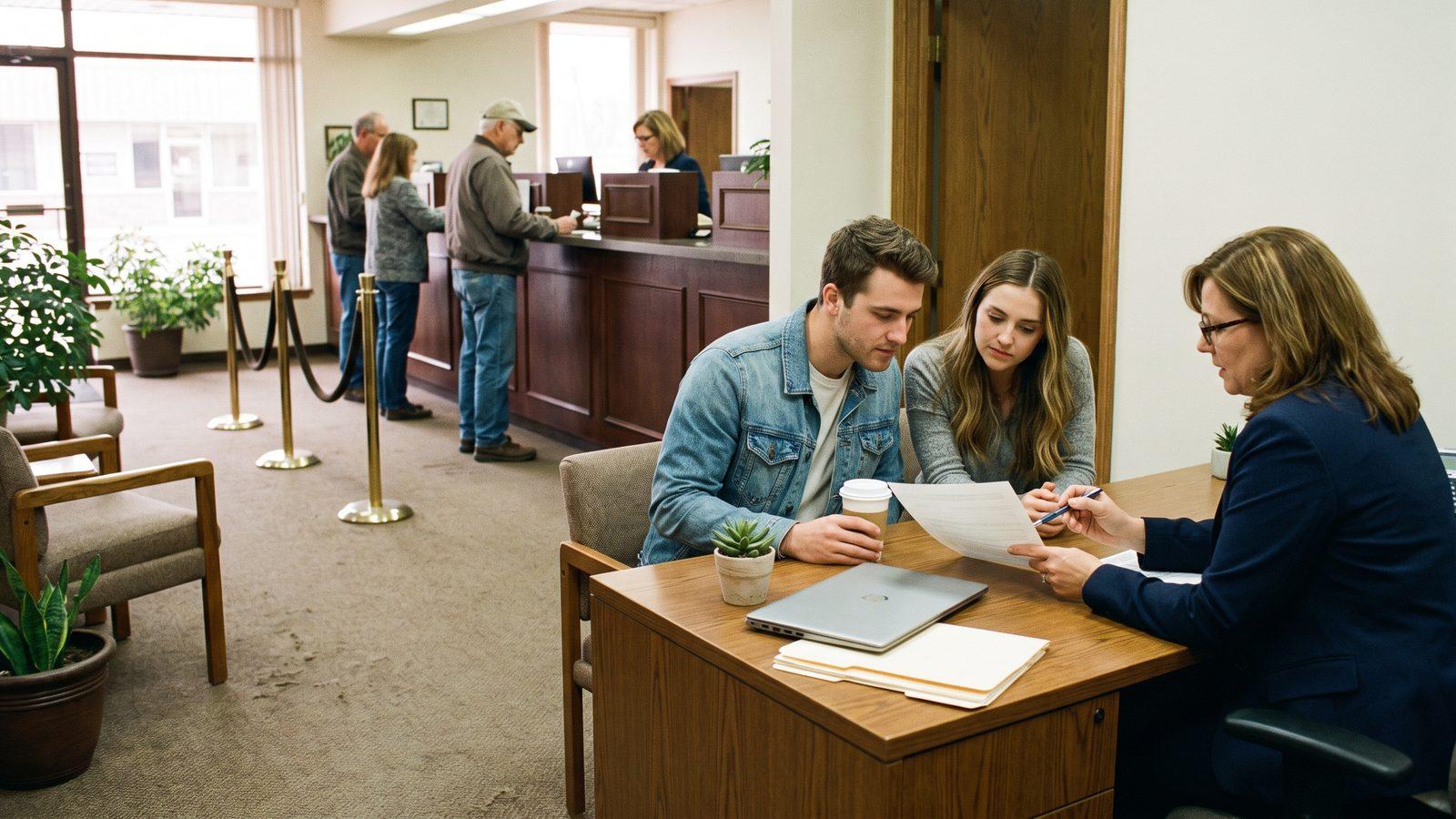 Illustrative image — a banker going over a document with a young couple at her desk in a busy bank branch, customers at the teller line behind them