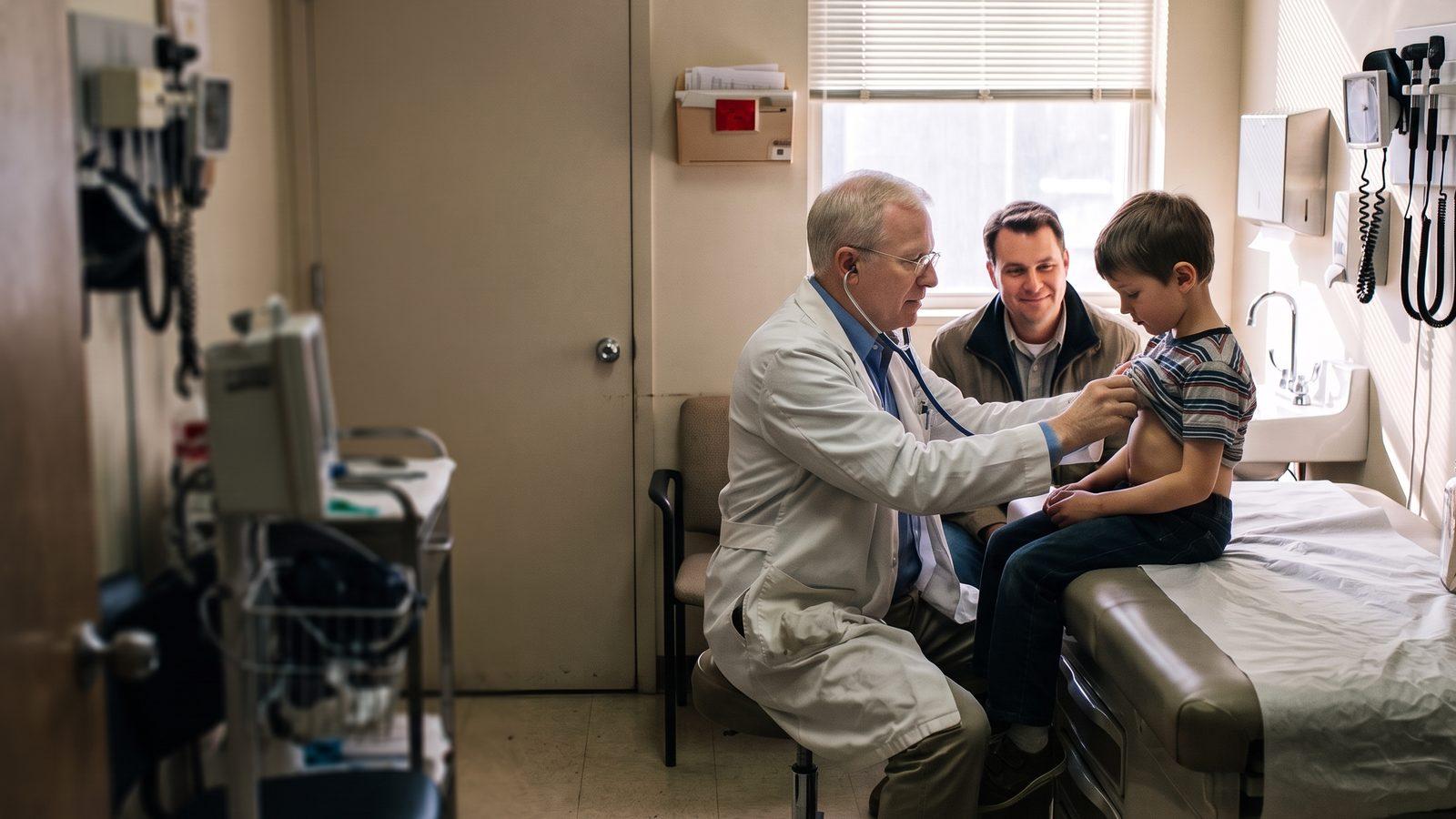 Illustrative image — a family doctor listening to a boy's chest with a stethoscope in an exam room while his father looks on