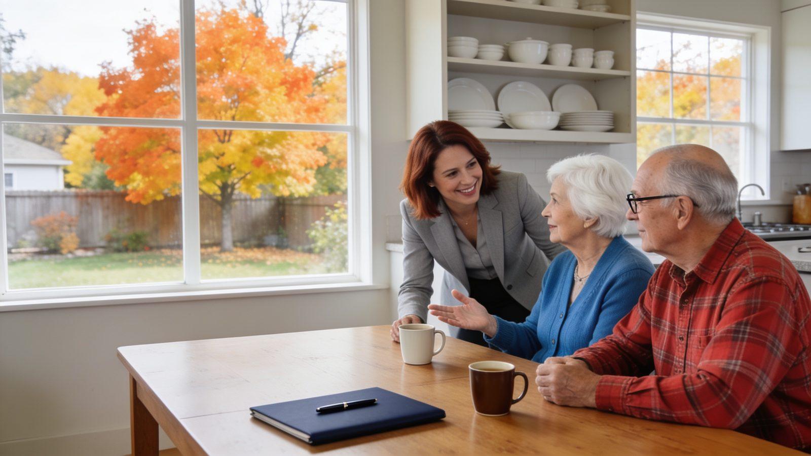 Illustrative image — an insurance agent leaning in to talk with an older couple at their kitchen table, autumn colour in the window