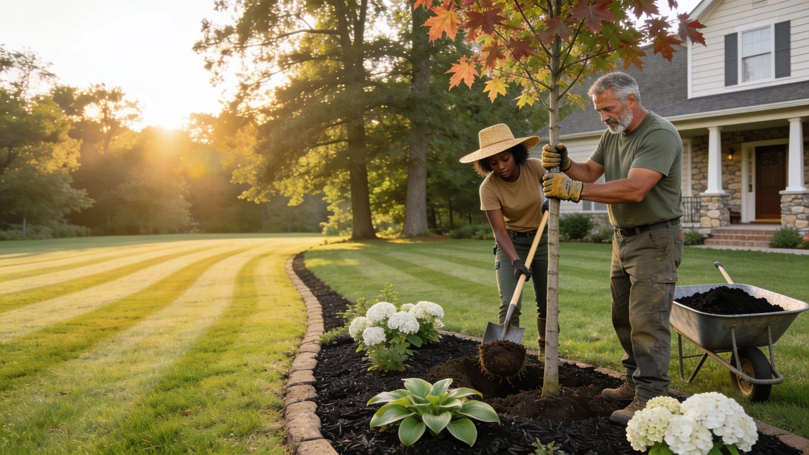 Illustrative image — two landscapers planting a young maple beside a fresh flower bed and a striped lawn at golden hour