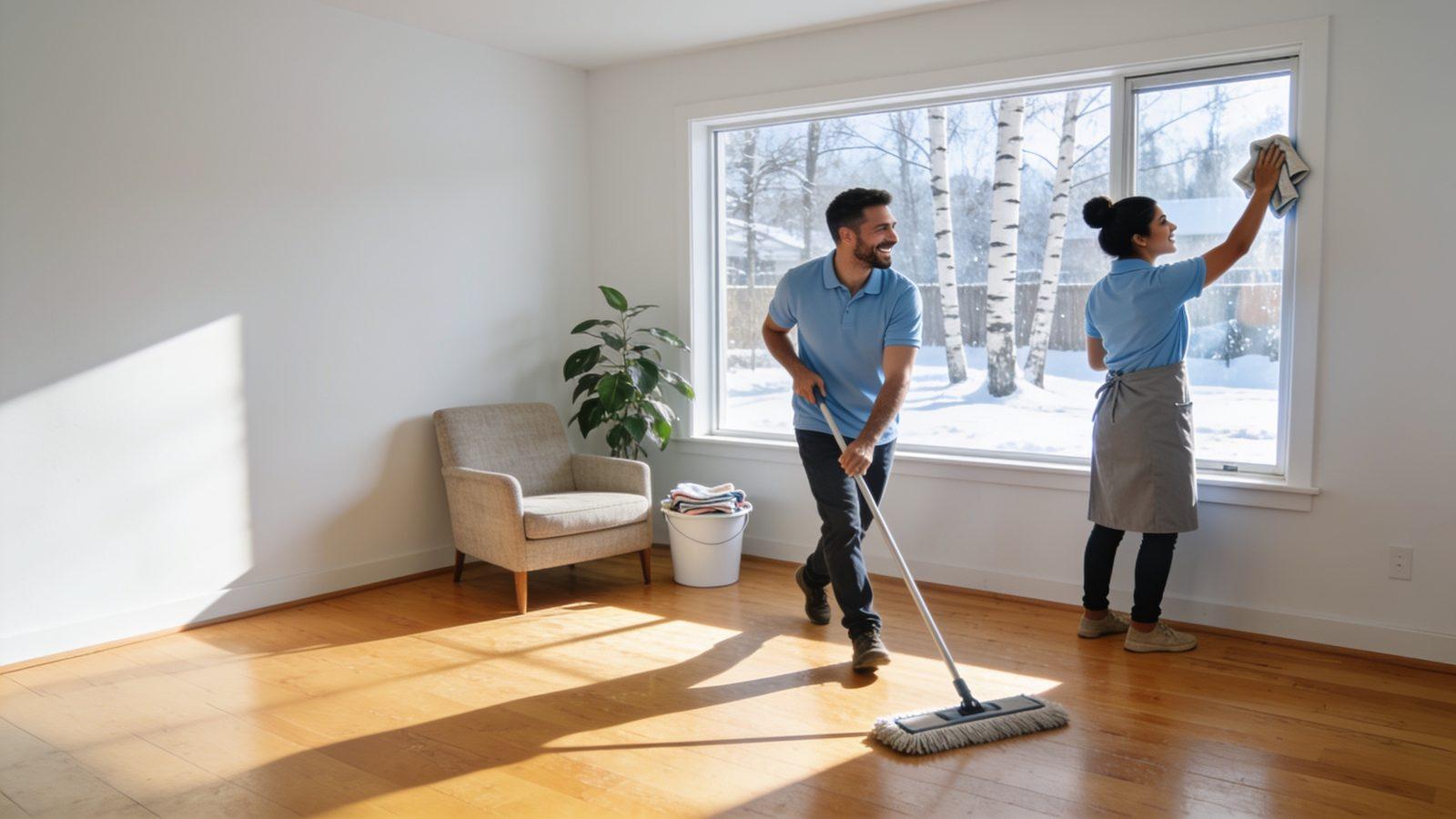 Illustrative image — two cleaners at work in a bright living room, one mopping the wood floor and one wiping the window, snow outside