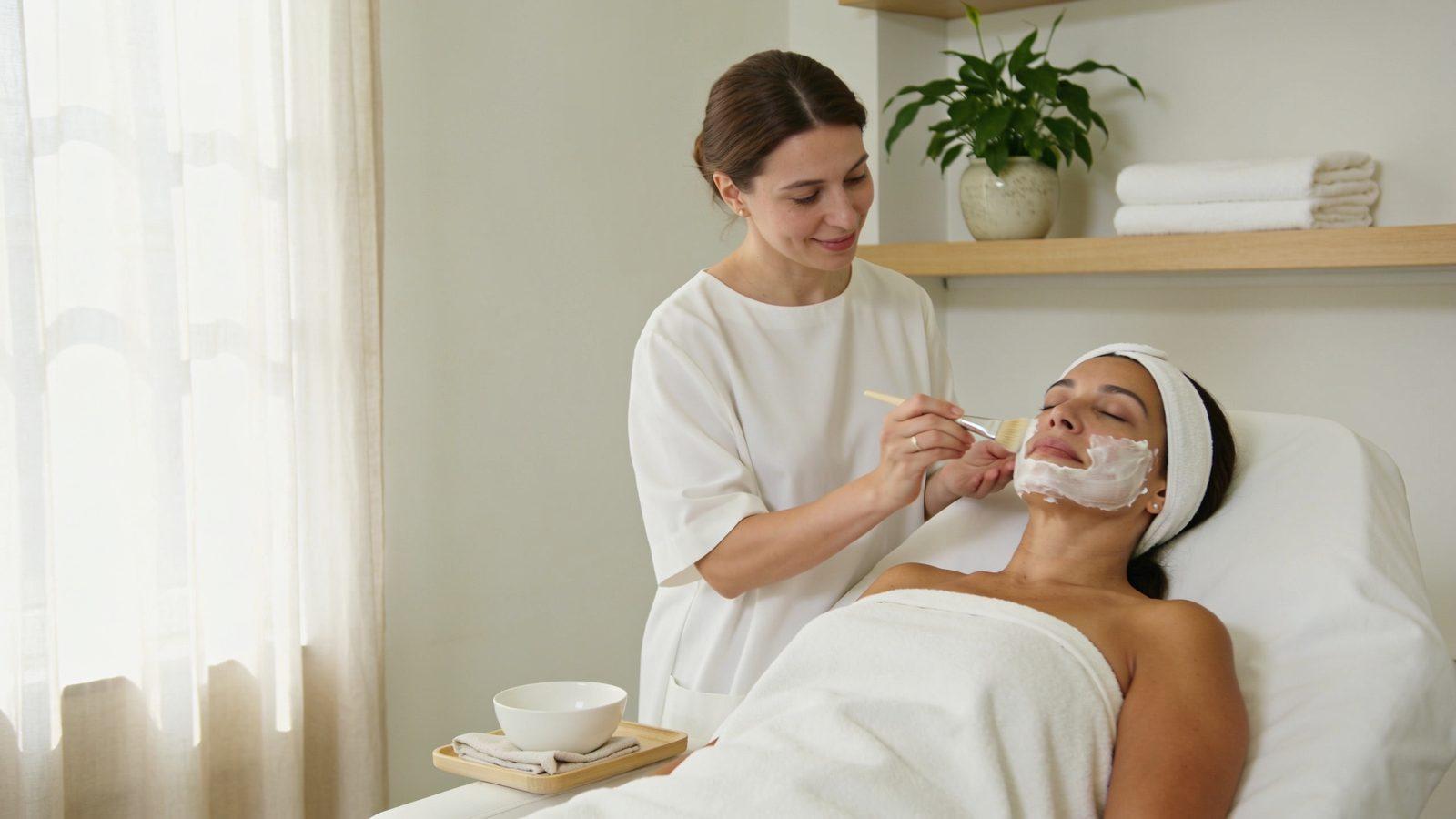Illustrative image — an aesthetician applying a facial mask to a client resting on a treatment bed in a calm, sunlit room