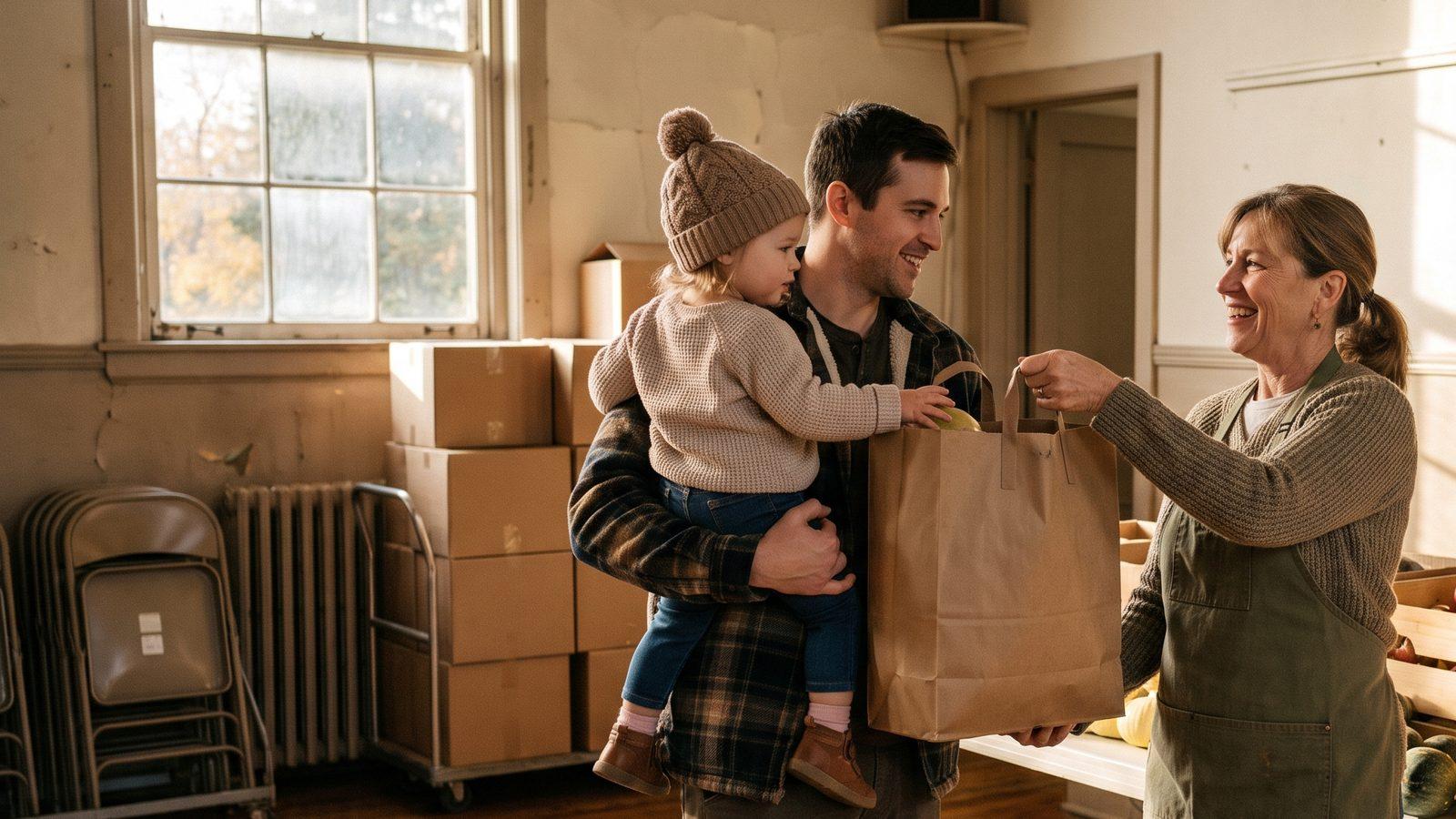 Illustrative image — a food shelf volunteer handing a bag of groceries to a father holding his toddler in a sunlit church hall