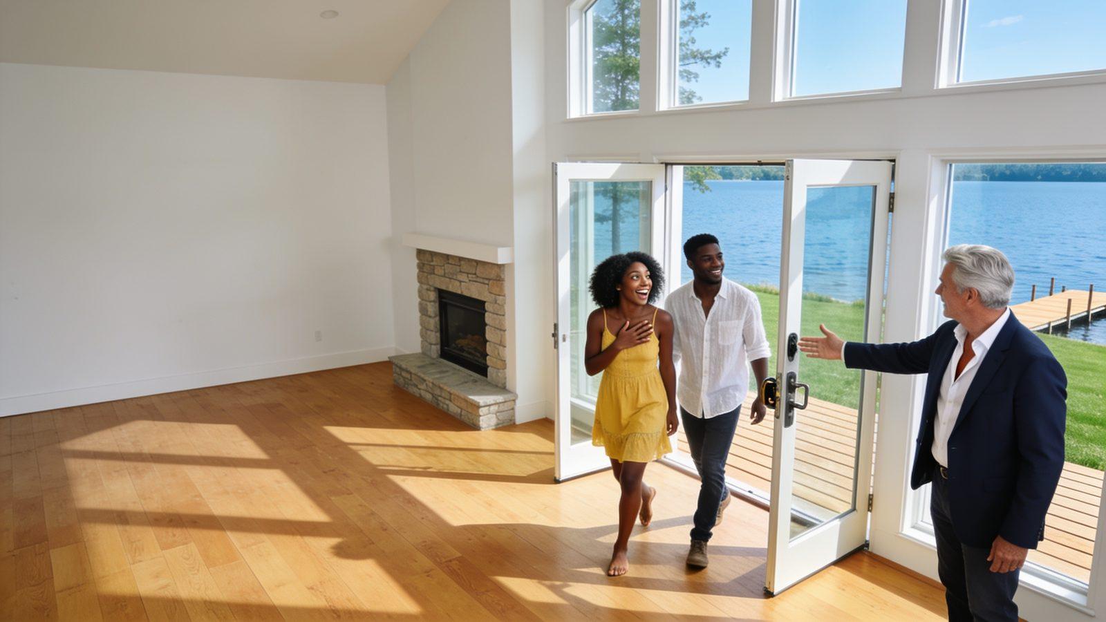 Illustrative image — a real estate agent welcoming a couple through the open doors of a lake home