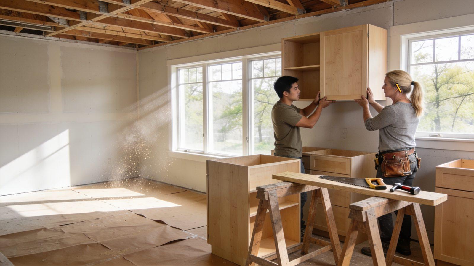 Illustrative image — two carpenters lifting an upper cabinet into place in a sunlit kitchen under renovation
