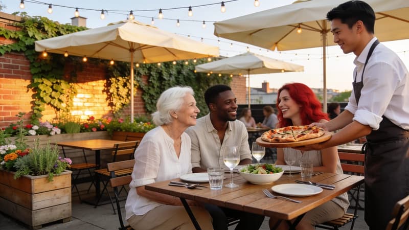 Illustrative image — a server bringing a pizza to three friends on a restaurant patio under string lights at sunset