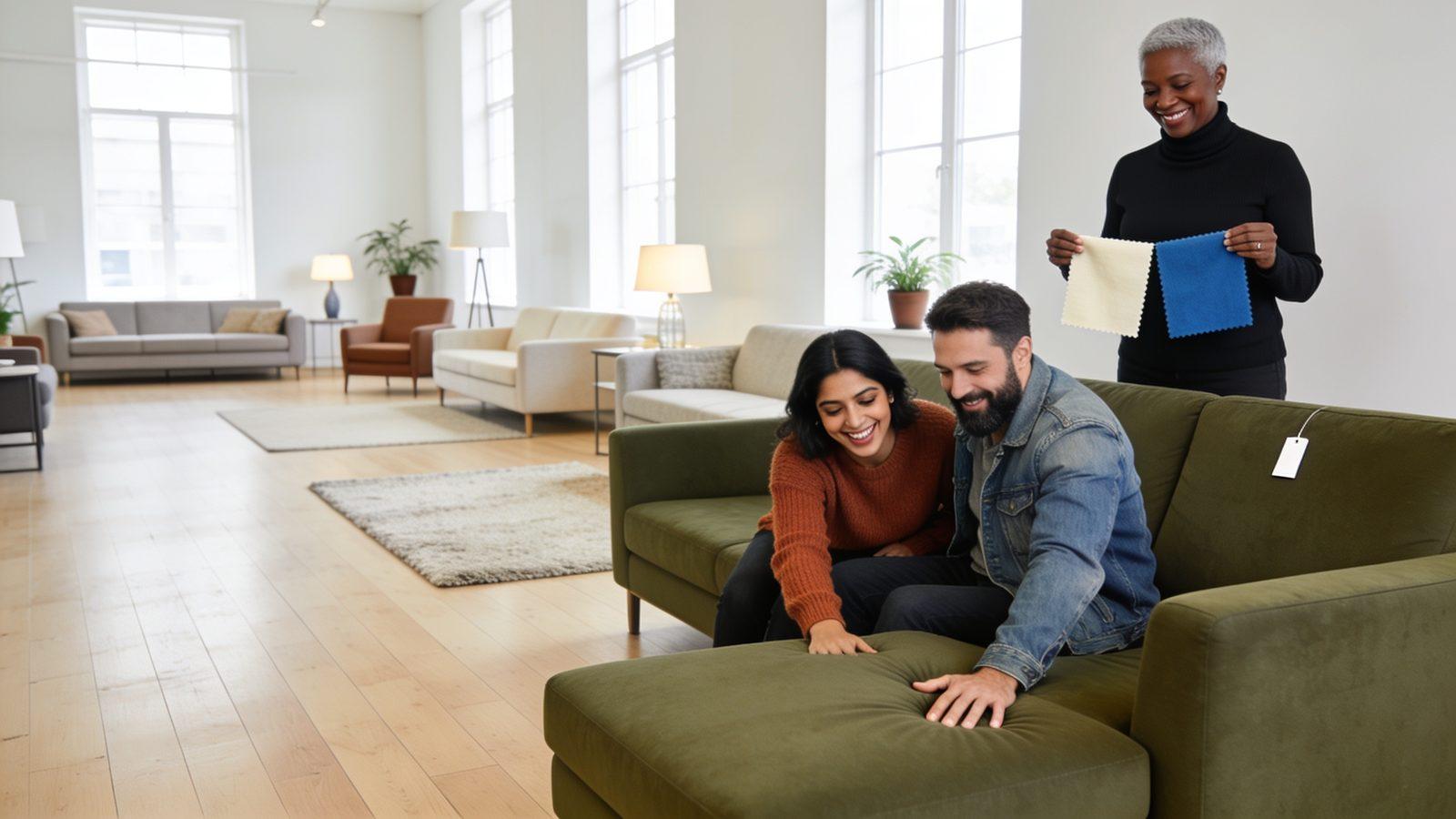 Illustrative image — a couple trying out a green sofa in a furniture showroom while a saleswoman holds up fabric swatches