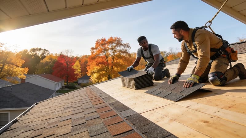 Illustrative image — two roofers in harnesses laying shingles on a new roof deck on a clear autumn afternoon