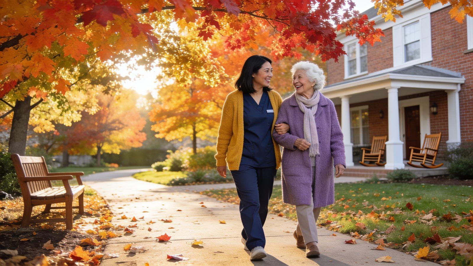 Illustrative image — a caregiver and an older woman walking arm in arm along a path under bright autumn maples
