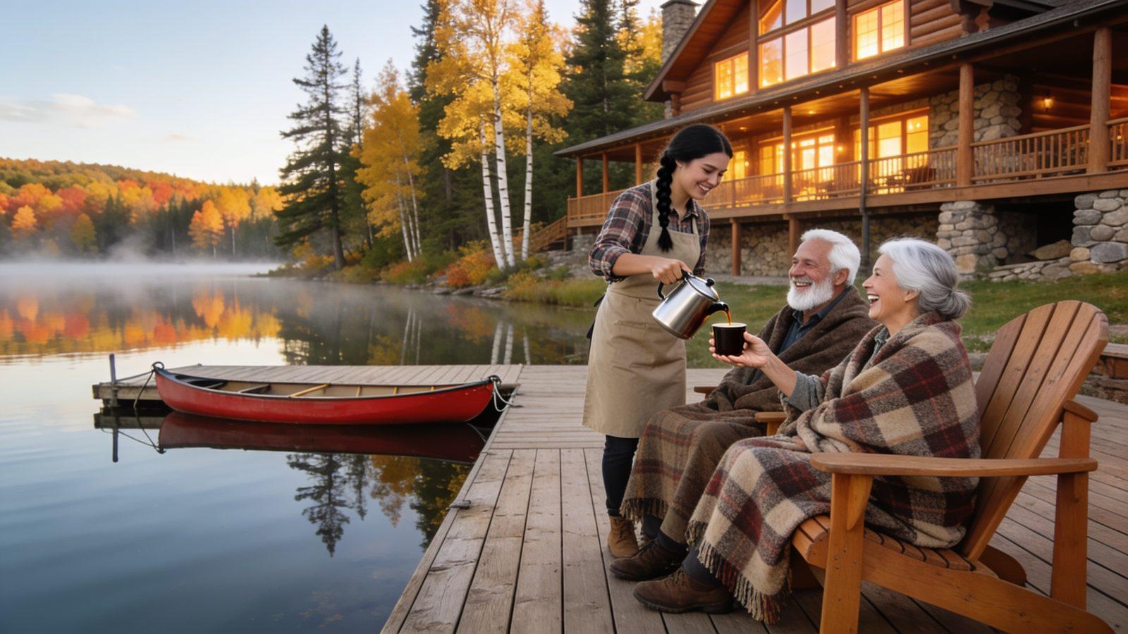 Illustrative image — a lodge host pouring coffee for a couple wrapped in blankets on a lakeside dock, autumn colour and morning mist behind them