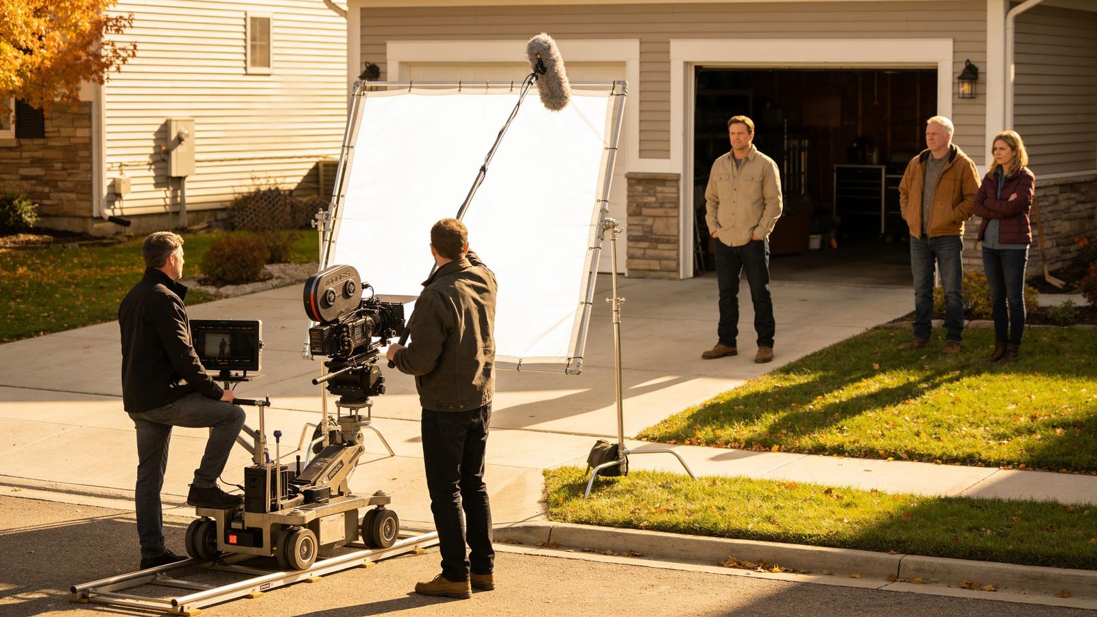 Illustrative image — a film crew shooting a commercial in the driveway of a Minnesota home at golden hour