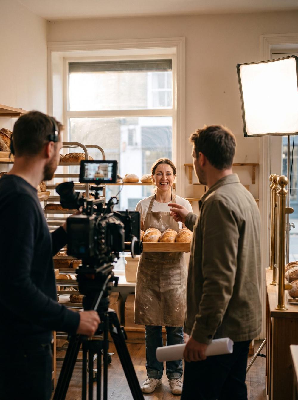 Illustrative image — a camera operator and a director filming a baker for a television commercial in her shop